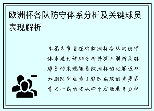 欧洲杯各队防守体系分析及关键球员表现解析