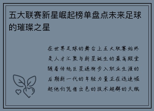 五大联赛新星崛起榜单盘点未来足球的璀璨之星