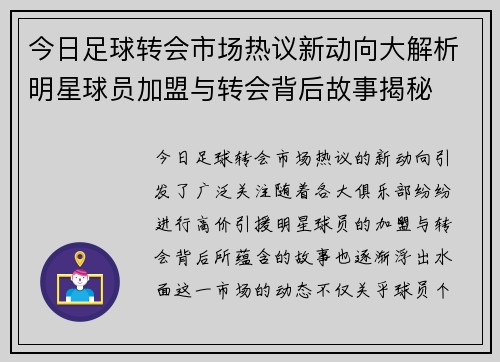 今日足球转会市场热议新动向大解析明星球员加盟与转会背后故事揭秘