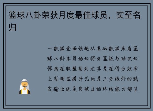 篮球八卦荣获月度最佳球员，实至名归